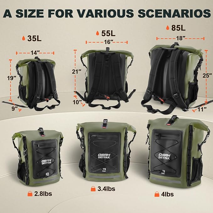 OSAH DRYPAK Waterproof Backpack Dry Bag 35L/55L/85L – Heavy Duty Roll-Top Hiking Backpack Sack Keeps Gear Dry for Travel, Kayaking, Boating, Camping, Rafting and Fishing