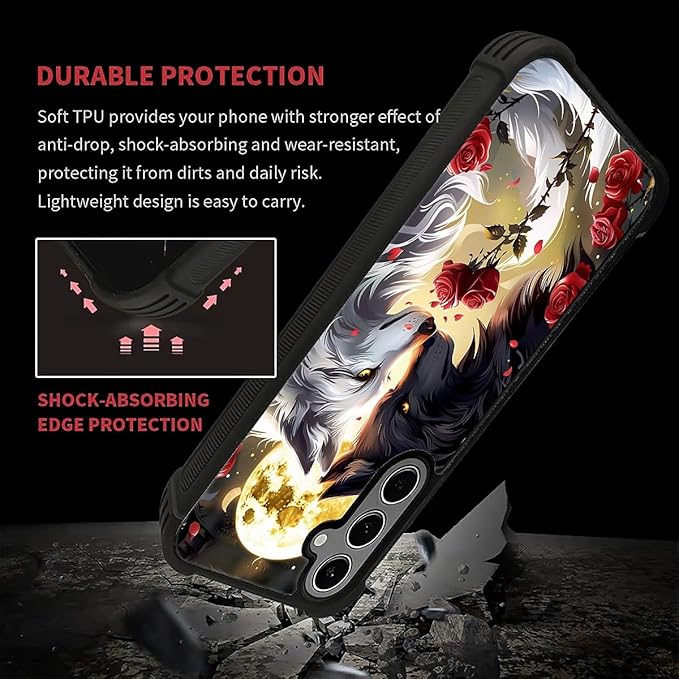 for Samsung Galaxy S24 S25 Plus Case, Black White Wolf Moon Flower Rose Pattern Graphic Design Girl Boy Soft Silicone Hard Acrylic Shock Protection for Samsung Galaxy S24 S25 Plus