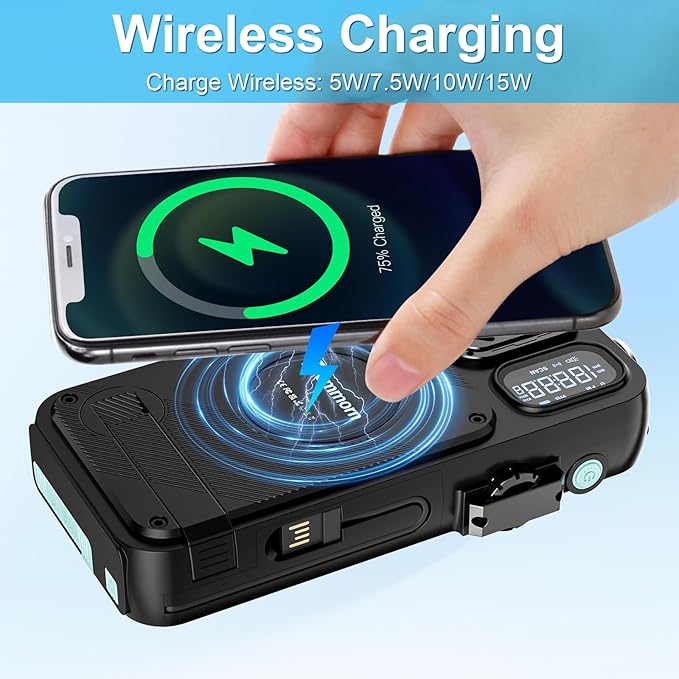 Emergency Radio&22000mAh Solar Power Bank, FM NOAA Weather Radio, Portable Hand Crank Bluetooth Radio, 20W Fast Charge Wireless Phone Charger, SOS Flashlight for Emergency/Home (Blue)