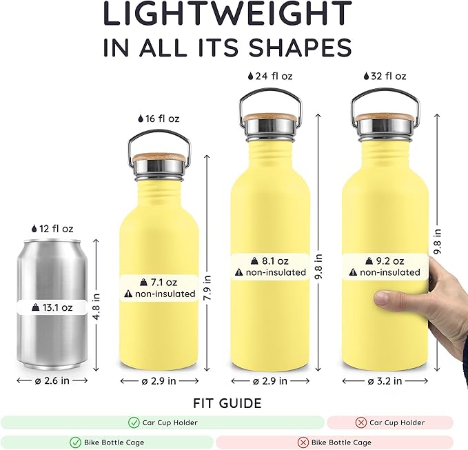 Bambaw Stainless Steel Water Bottle 32 oz, Non-insulated Yellow Beam with Handle, Dishwasher Safe