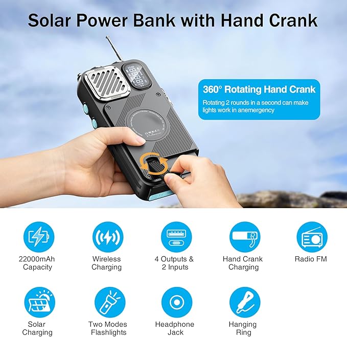 Emergency Radio&22000mAh Solar Power Bank, FM NOAA Weather Radio, Portable Hand Crank Bluetooth Radio, 20W Fast Charge Wireless Phone Charger, SOS Flashlight for Emergency/Home (Blue)