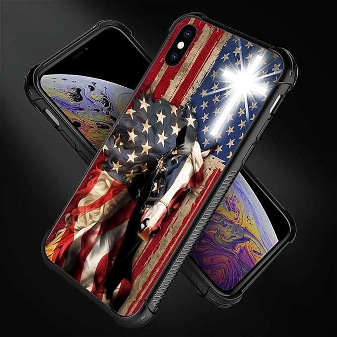 for iPhone X/Xs Case, Red American Flag Horse Cross Pattern Made of Soft Silicone Hard Acrylic Shock Protection for iPhone X/Xs