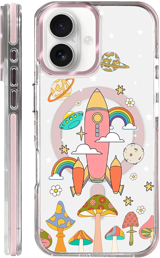 Case for iPhone 16 Plus,[Compatible with MagSafe],Spaceship Mushroom Phone Case Design，for Women Girls Magnetic Clear Cover - Slim, Sleek, & Shockproof Protection