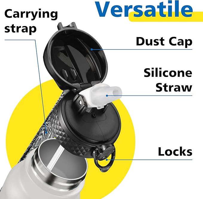 Han's Bottle Sports Water Bottle - 32 Oz, Straw Lid, Leak Proof, Vacuum Insulated Stainless Steel, Double Walled, Thermo Mug,White & Black
