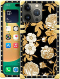 Compatible with iPhone 14 Pro Case, Blooming Rose Golden Flower Luxury Golden Decoration for Girl Women Soft TPU Shockproof Protective Hard PC Back for iPhone 14 Pro