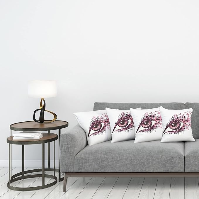 Ambesonne Butterflies Throw Pillow Cushion Case Pack of 4, Female Eye Eyelashes Mascara Stare Party Makeup Animal Print, Modern Accent Double-Sided Digital Printing, 24", Pink White