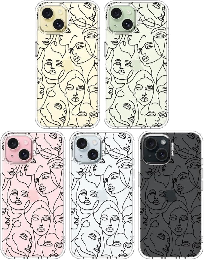 MOSNOVO Case for iPhone 15 Plus/iPhone 14 Plus, [Buffertech 6.6ft Military-Grade Drop Protection] [Anti Peel Off Tech] Clear TPU Bumper Phone Case Cover Design - Abstract Face Line Art