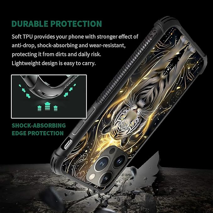 for iPhone 14 Pro Max Case, White Tiger Golden Mystery Pattern Graphic Design Girl Boy Soft Silicone Hard Acrylic Shock Protection for iPhone 14 Pro Max