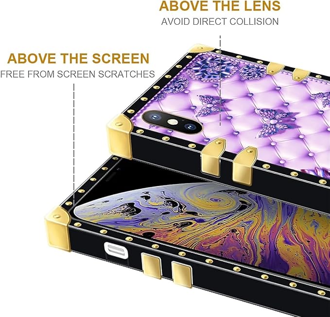 Compatible with iPhone Xs Max Case, Purple Butterfly Flowers Leaf Luxury Golden Decoration for Girl Women Soft TPU Shockproof Protective Hard PC Back for iPhone Xs Max