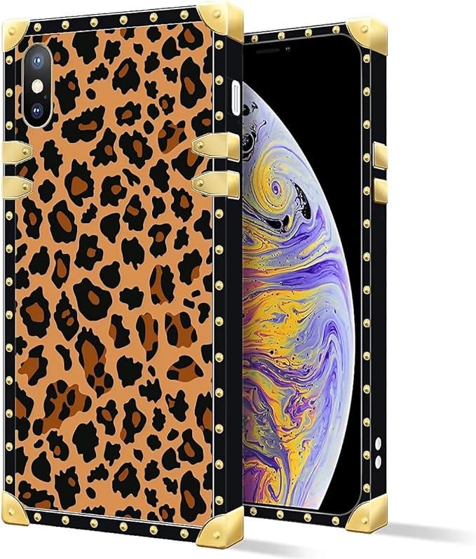 Compatible with iPhone XR Case, Brown Leopard Texture Luxury Golden Decoration for Girl Women Soft TPU Shockproof Protective Hard PC Back for iPhone XR