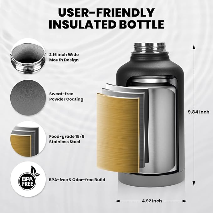 RAYMYLO Insulated Water Bottle 64 oz, Triple Wall Vacuum Stainless Steel (Cold for 48 Hrs), Leak Proof & Non-BPA, Half Gallon Water Flask Jug with Paracord Handle & Straw Spout Lids, Dark Gray