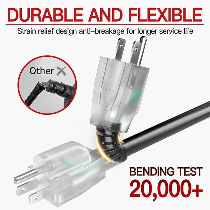50 FT 12 Gauge Extension Cord Outdoor, Heavy Duty Weatherproof & Flame Retardant Black 3 Prong Power Cord with Light, Outside for Lawn & Garden, 15 Amps 1875 Watts 125 VAC 12AWG SJTW, ETL Listed