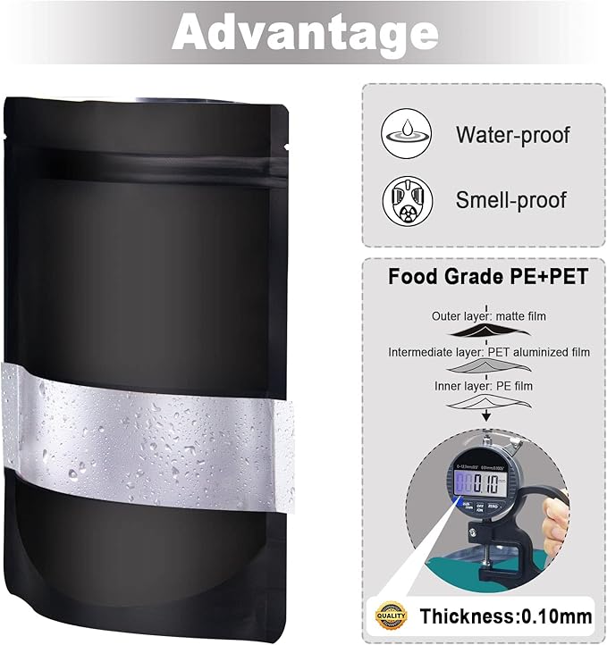 6.3"x9.5" 120pcs Mylar Bags for Food Storage,Smell Proof Bag with Matte Window Resealable Food Storage Bags for Small Business, Stand-up Foil Pouch Packaging Freeze Dried Candy Bag（Black）