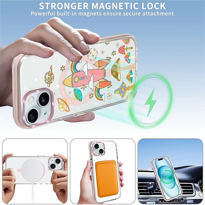 Case for iPhone 14 Plus/15 Plus,[Compatible with MagSafe],Spaceship Mushroom Phone Case Design，for Women Girls Magnetic Clear Cover - Slim, Sleek, & Shockproof Protection