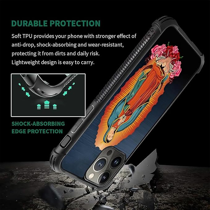 for iPhone 16 Pro Case, Red Virgen Guadalupe Pattern Graphic Design Girl Boy Soft Silicone Hard Acrylic Shock Protection for iPhone 16 Pro