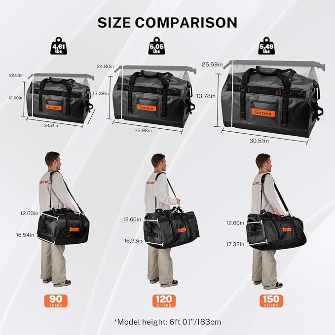 Gonex Waterproof Duffel Bag, 150L Heavy Duty Dry Duffle Bag with Reinforced Thickened Bottom, 3-in-1 Convertible Large Travel Backpack for Kayaking, Motorcycle, Camping & Boating, Black