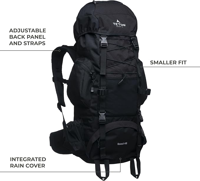 Teton 65L Scout Internal Frame Backpack for Hiking, Camping, Backpacking, Travel, Rain Cover Included, Buck Brown