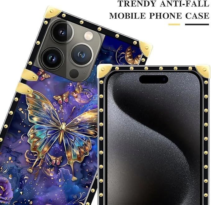 Compatible with iPhone 16 Pro Max Case, Glistening Golden Butterfly Vibrant Purple Blue Luxury Golden Decoration for Girl Women Soft TPU Shockproof Protective PC Back