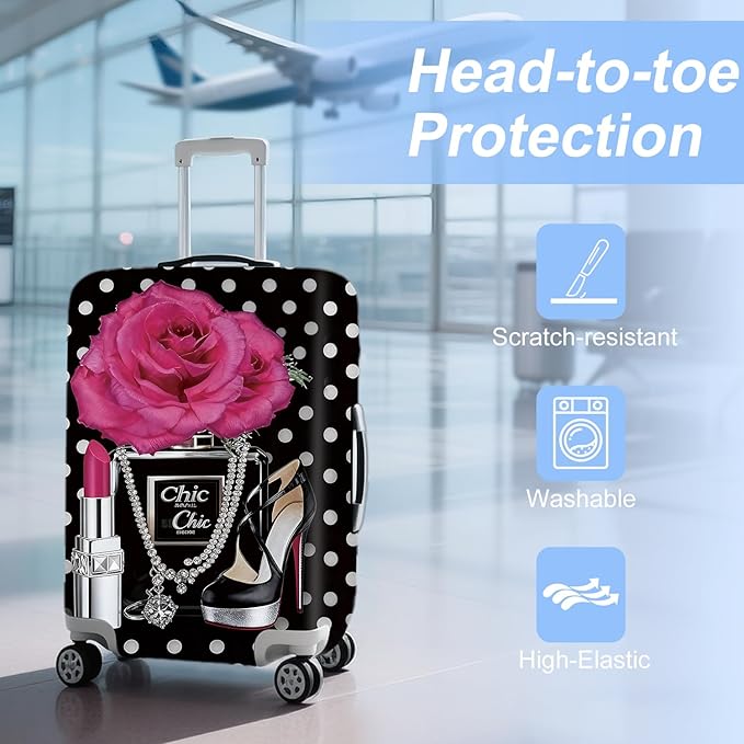 ANNA QUEEN Vintage Polka Dot Rose Travel Luggage Cover -Stretchable Airplane Suitcase Protector Sleeve,Universal Washable Fit for 20-26 Inch Checked Baggage,Water Resistant Durable Luggage Protector