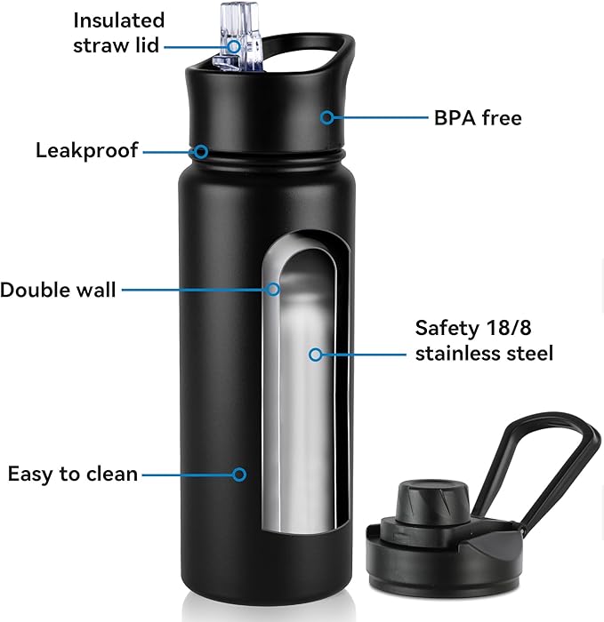 VEGOND 24oz Insulated Stainless Steel Water Bottle with Straw Lid, Double Wall Vacuum Bottle for Hiking, Camping, Gym, Work, Home Use, Black 8 Pack