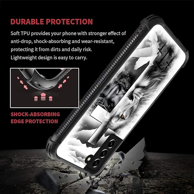 for Samsung Galaxy S21 FE Case, Lion Cross Jesus Christ Dove Pattern Graphic Design Girl Boy Soft Silicone Hard Acrylic Shock Protection for Samsung Galaxy S21 FE