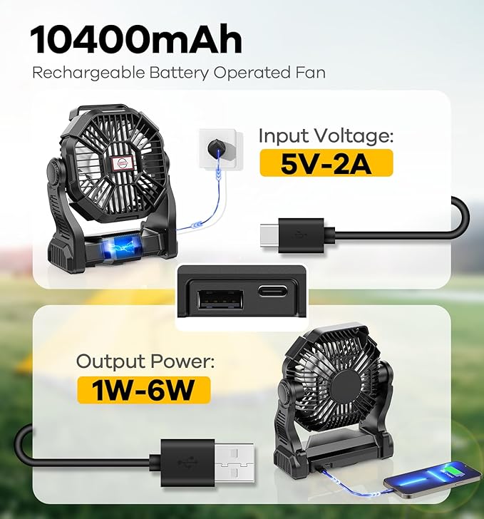 DOWILLDO 15000mAh Portable Battery Powered Camping Fan - with LED Light, Quiet Battery Operated, Camping Gear for Travel, Tent, Beach, Car or Hurricane Power Outages，Black