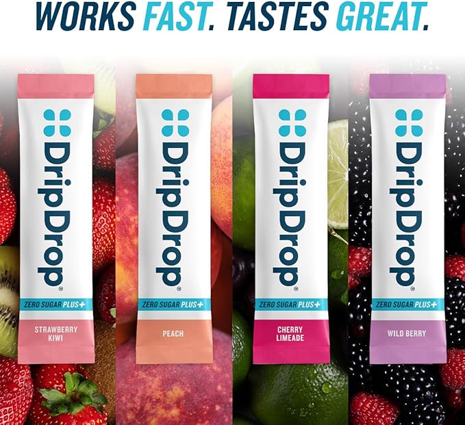 DripDrop Zero Sugar Plus - Sugar Free Hydration Packets - Single Serve Electrolytes Powder Drink Mix - Strawberry Kiwi, Peach, Cherry Limeade, Wild Berry - Non-GMO, Vegan - 8 Sticks