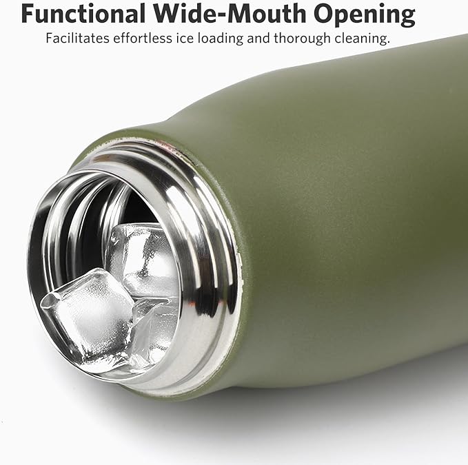Small Water Bottle, Dusgut Insulated Water Bottle, Stainless Steel, Wide Mouth Portable Lid, 17 oz, Army Green