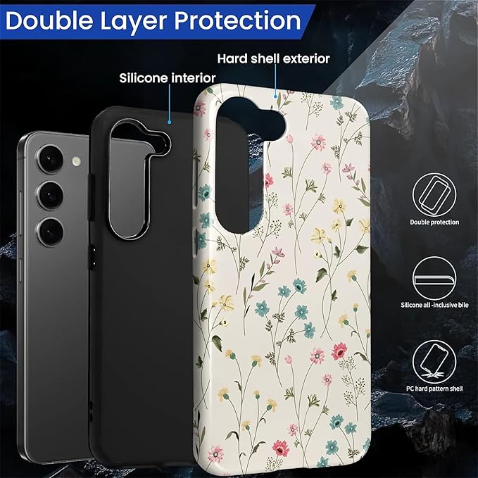 for Samsung Galaxy S23 Case,HL2 Beige Flower Branch Hybrid 2 Layer Hard Shell Silicone Protective Pattern Design Case