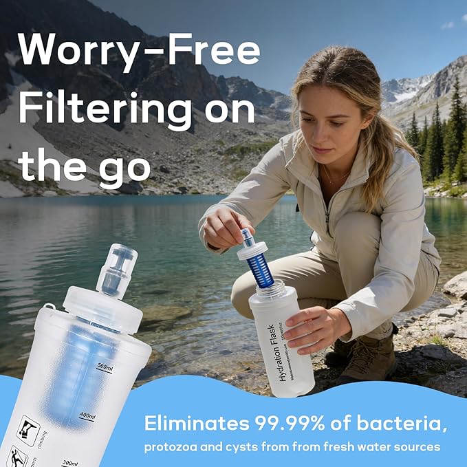 700ml Soft Flask Water Bottle, Collapsible Water Bottle with Filter, Perfect for Hiking, Backpacking, and Camping - White