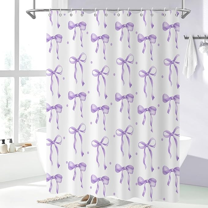 Purple Bow Shower Curtain, Lavender Modern Aesthetic Bowknot with Polka Dot Cute Girly Bathroom Curtain Waterproof Fabric Machine Washable with Hooks, 60" Wx72 L