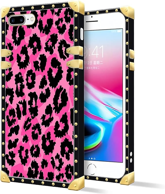 Compatible with iPhone 8 7 SE Case, Pink Black Leopard Luxury Golden Decoration for Girl Women Soft TPU Shockproof Protective Hard PC Back for iPhone 8 7 SE