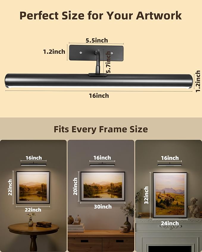 EZVALO Picture Lights for Wall, 16in Rechargeable 6000mAh Battery Operated Painting Lights with Remote, Wireless Wall Light for Gallery, Living Room, Hallway (Black)