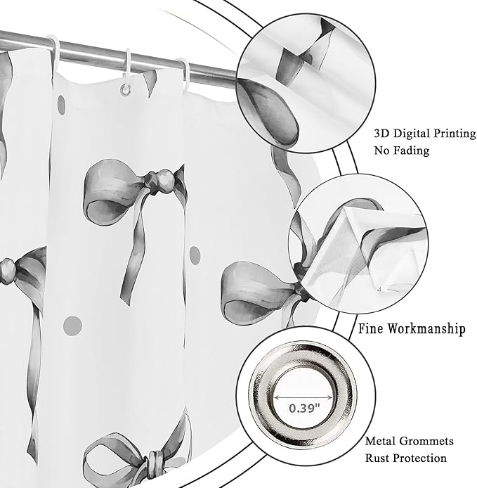 Grey and White Bow Shower Curtain, Grey Modern Aesthetic Bowknot with Polka Dot Cute Girly Bathroom Curtain Waterproof Fabric Machine Washable with Hooks, 60" Wx72 L