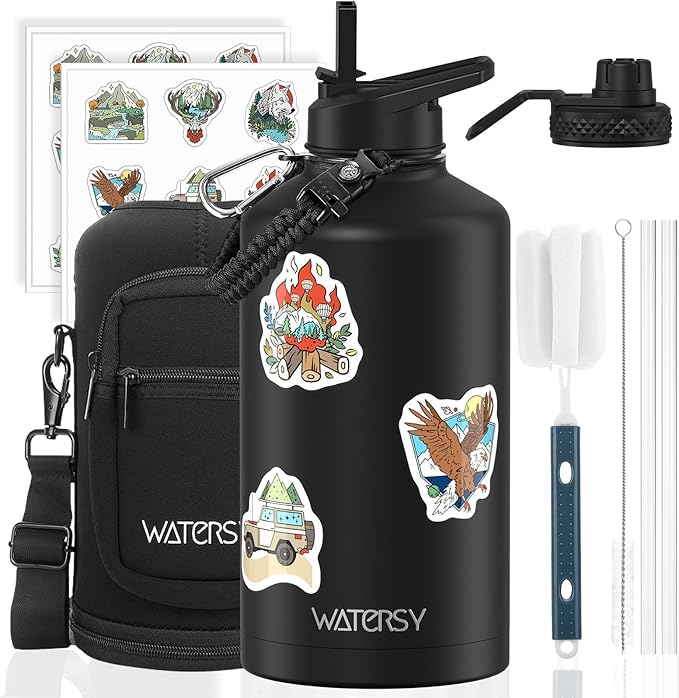 87oz Insulated Water Bottle (Cold for 48 Hrs),BPA Free&Leak Proof,1.5 Gallon Stainless Steel Water Flask,Water Jug with Straw Spout Lids for Gym,Hiking,Camping,Black
