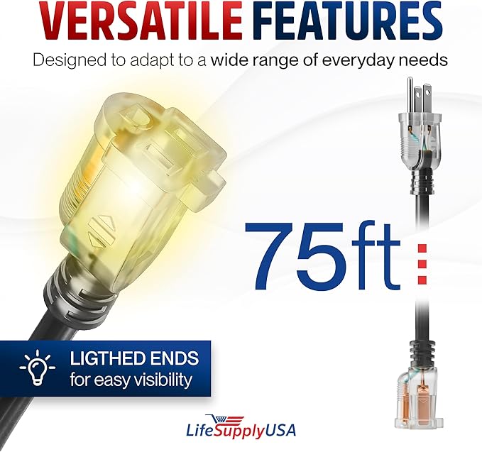 75ft Outdoor/Indoor Extension Cord 10/3 Gauge Ultra Heavy Duty 3 Prong SJTW, Waterproof, Flexible Cold-Resistant Long Power Cord,15A 125V 1875W, Black by LifeSupplyUSA