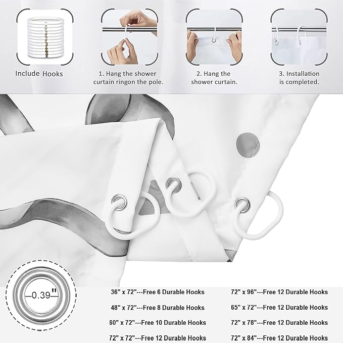Grey and White Bow Shower Curtain, Grey Modern Aesthetic Bowknot with Polka Dot Cute Girly Bathroom Curtain Waterproof Fabric Machine Washable with Hooks, 72" Wx96 L