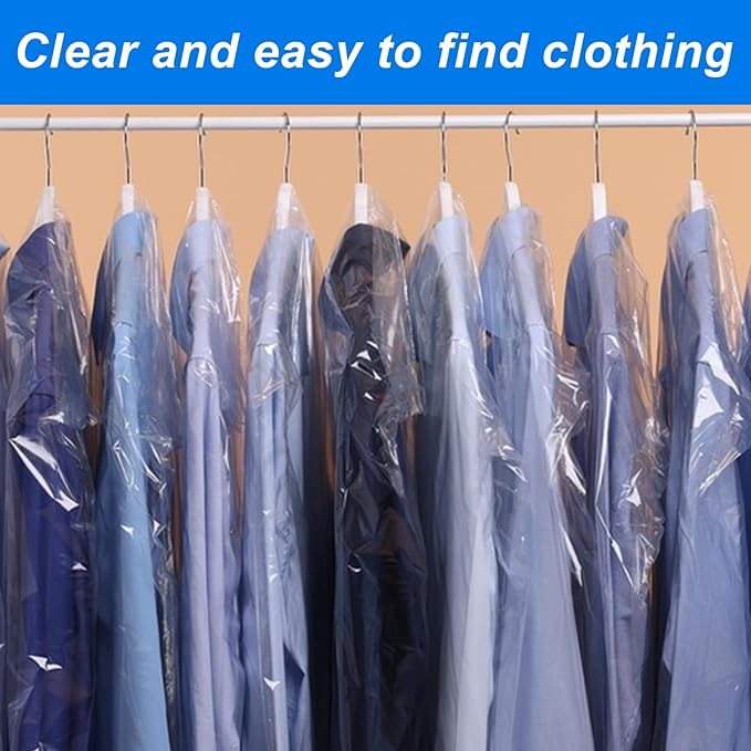100 Pack Clear Plastic Dry Cleaning Bags 23.6x47.2 Inch Garment Bags Dust-Proof Hanging Clothes Cover Protector Bag for Dress Jacket Suits Coats Uniforms Shirt Laundrette