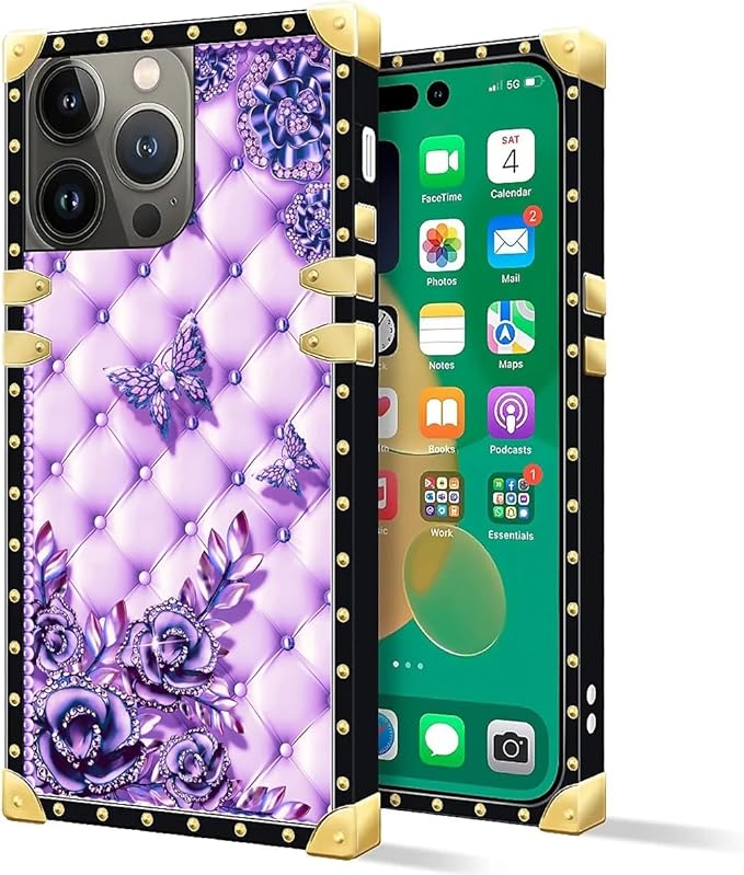Compatible with iPhone 14 Pro Case, Purple Butterfly Flowers Leaf Luxury Golden Decoration for Girl Women Soft TPU Shockproof Protective Hard PC Back for iPhone 14 Pro