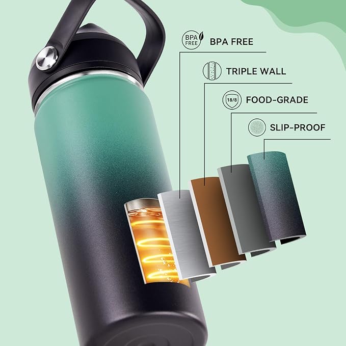 Fijinhom 18oz Insulated Stainless Steel Water Bottle, Wide Mouth Double Wall Vacuum, Silicone Straw, Sweat & Leak Proof, BPA Free Insulated Water Flask for Travel, Keep Cold 24h Hot 12h, Green & Black