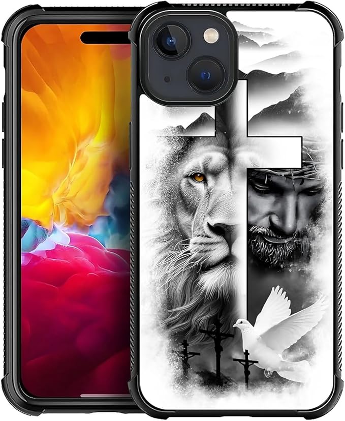for iPhone 15 Plus Case, Lion Cross Jesus Christ Dove Pattern Made of Soft Silicone Hard Acrylic Shock Protection for iPhone 15 Plus