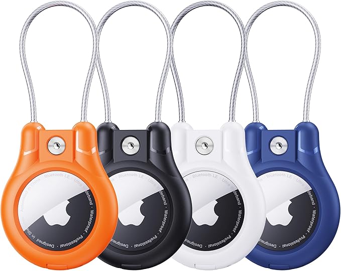 IPX8 Waterproof for AirTag Holder - 4 Pack Lock Case with Keychain for Apple AirTag 1st & 2nd Generation, Air Tag Keyring with Wire Cable, Secure AirTag Cover for Keys, Kids, Luggage, Bags, Pet Collar