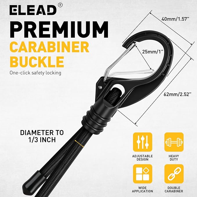 8-Piece 48-inch Adjustable Bungee Cords with Hooks, Heavy Duty Outdoor Carabiner Bungee Straps, Easily Adjust from 7" to 48", Black Super Elastic Cord for Cargo, Camping, Bike Racks, Tents