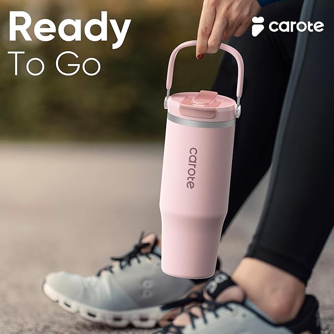 CAROTE 3-Pack Insulated Stainless Steel Water Bottles, Cup Holder Compatible for Travel, Upgraded Leak Proof, 32/32/40 oz Built-In Straw Tumblers Set for Daily Use/Outdoor (Peach)