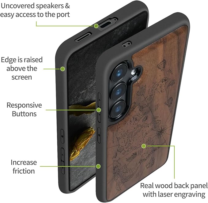 Carveit Wood Case for Galaxy S24 Plus Case [Natural Wood & Black Soft TPU] Shockproof Protective Cover Unique Wooden Design Compatible with S24 Plus (World Map-Walnut)