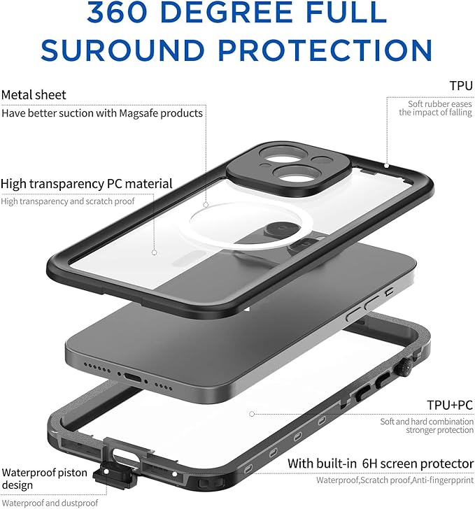 AICase for iPhone 14 Case Waterproof, Compatible with Magsafe Magnetic Protective iPhone 14 Phone Case, Water Proof Mag Safe Magnet Shockproof Full Body Clear with Screen Protector