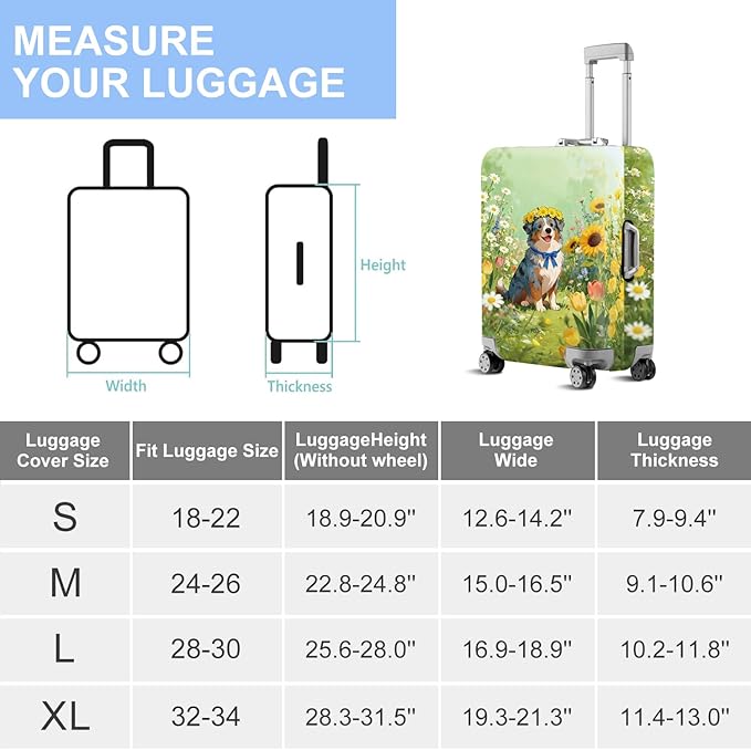 ANNA QUEEN Spring Cute Dog Travel Luggage Cover-Flower Stretchable Airplane Suitcase Protector Sleeve,Universal Washable Fit for 20-22 Inch Checked Baggage,Water Resistant Durable Luggage Protector