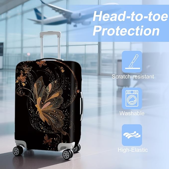 ANNA QUEEN Gold Butterfly Travel Luggage Cover -Stretchable Airplane Suitcase Protector Sleeve,Universal Washable Fit for 28-30 Inch Checked Baggage,Water Resistant Durable Luggage Protector