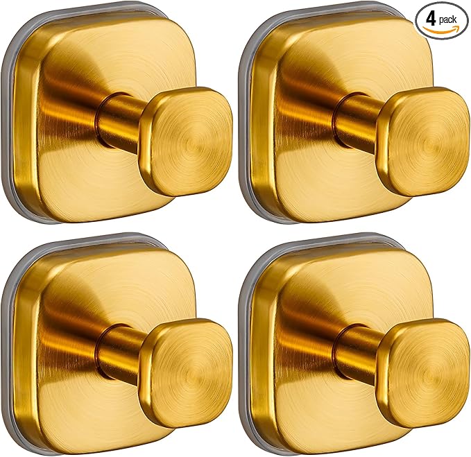Suction Cup Hooks for Shower Heavy Duty No-Drill– Reusable Multi-Purpose Hooks Adheres to Glass, Mirrors, Tiles & Smooth Surfaces for Towels, Robes, Loofah& Body Sponge (4, Brushed Gold)