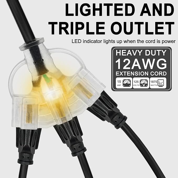 1FT 12/3 Outdoor Extension Cord with Multiple Outlets 12 Gauge 3 Outlet Heavy Duty Power Cord Splitter Flexible 3 Way Power Cable Waterproof with Light Indicator 12AWG 15A 1875W SJTW,ETL Listed